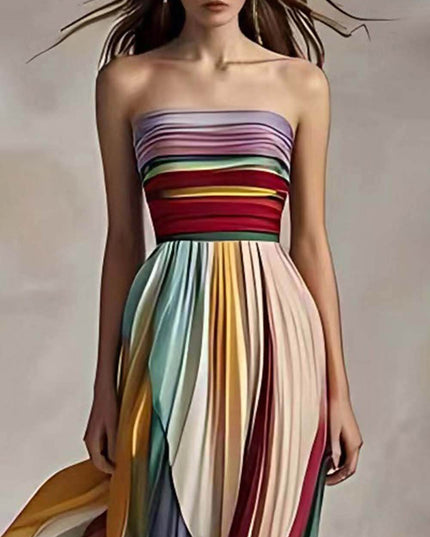 Elegant Striped Printed Off-shoulder Pleated Bandeau Maxi Dress Dresses