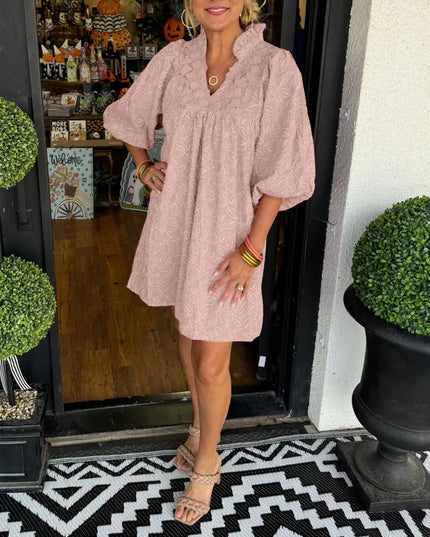 Lilette™ | Puff Sleeve Leaf Jacquard Mini Dress Pink Dress