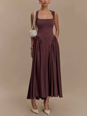 Minimalist Retro Square‑Neck Midi Dress Brown Dresses