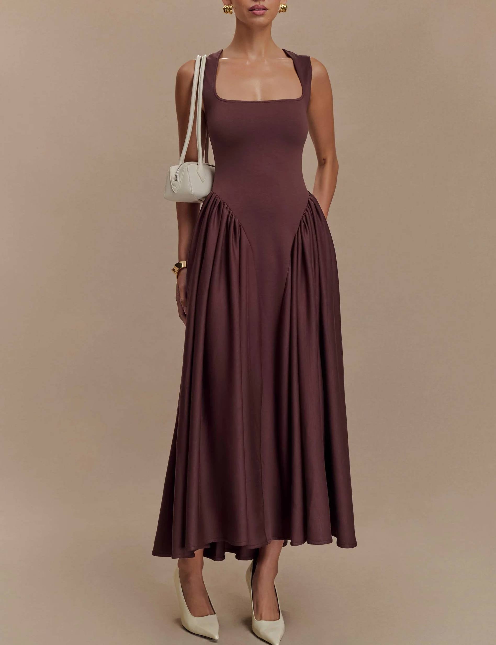 Minimalist Retro Square‑Neck Midi Dress Brown Dresses