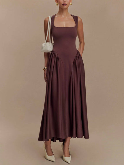 Minimalist Retro Square‑Neck Midi Dress Brown Dresses