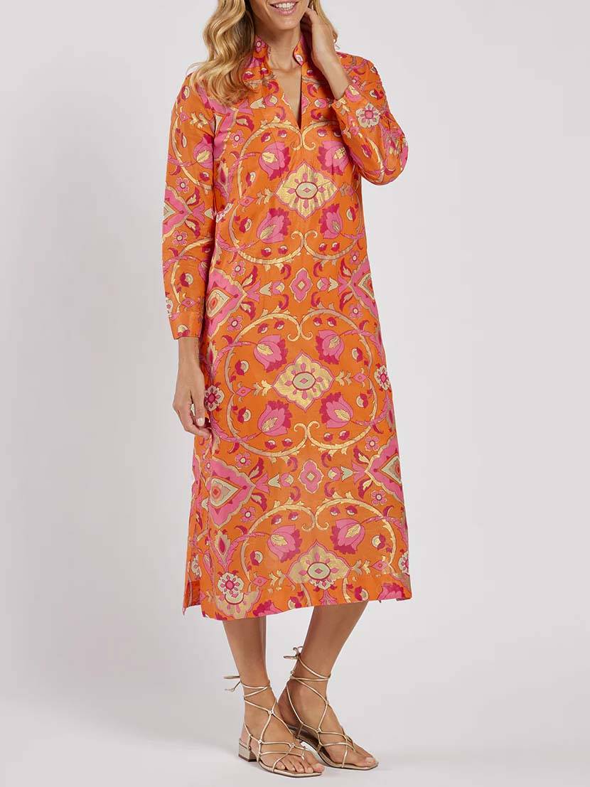 Printed Midi Dress Stand Collar Floral Summer Printed Dresses