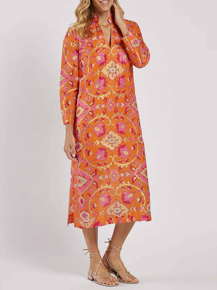 Stand Collar Printed Midi Dress Printed Dresses