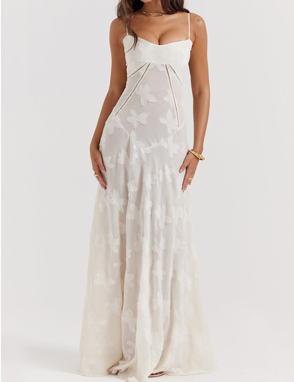 Vintage Cream Floral Lace Back Maxi Dress White Dresses