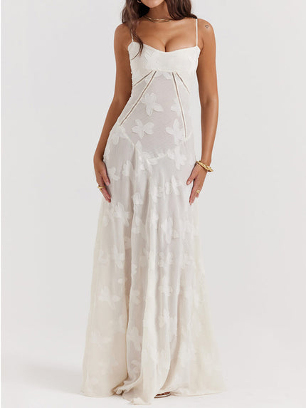 Vintage Cream Floral Lace Back Maxi Dress White Dresses