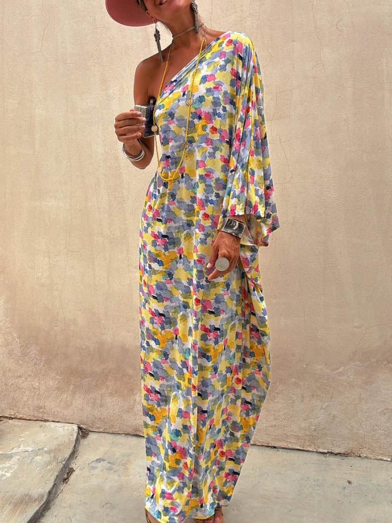 Casual Holiday Ink-dye Print Off-shoulder Maxi Dress Dresses