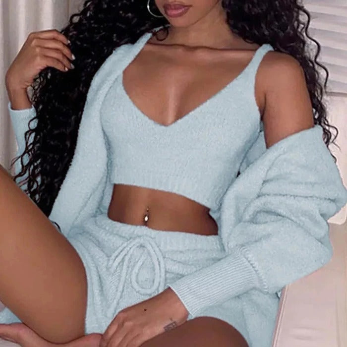3-Piece Women’s Pajama Set | Crop Top, Shorts & Jacket Women Pants
