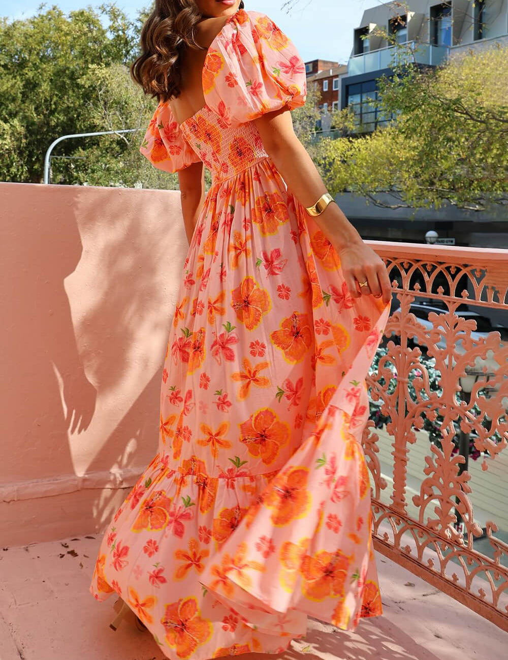 Puff Sleeve Floral Print Back Smocked Pocket Maxi Dress Dresses