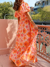 Puff Sleeve Floral Print Back Smocked Pocket Maxi Dress Dresses
