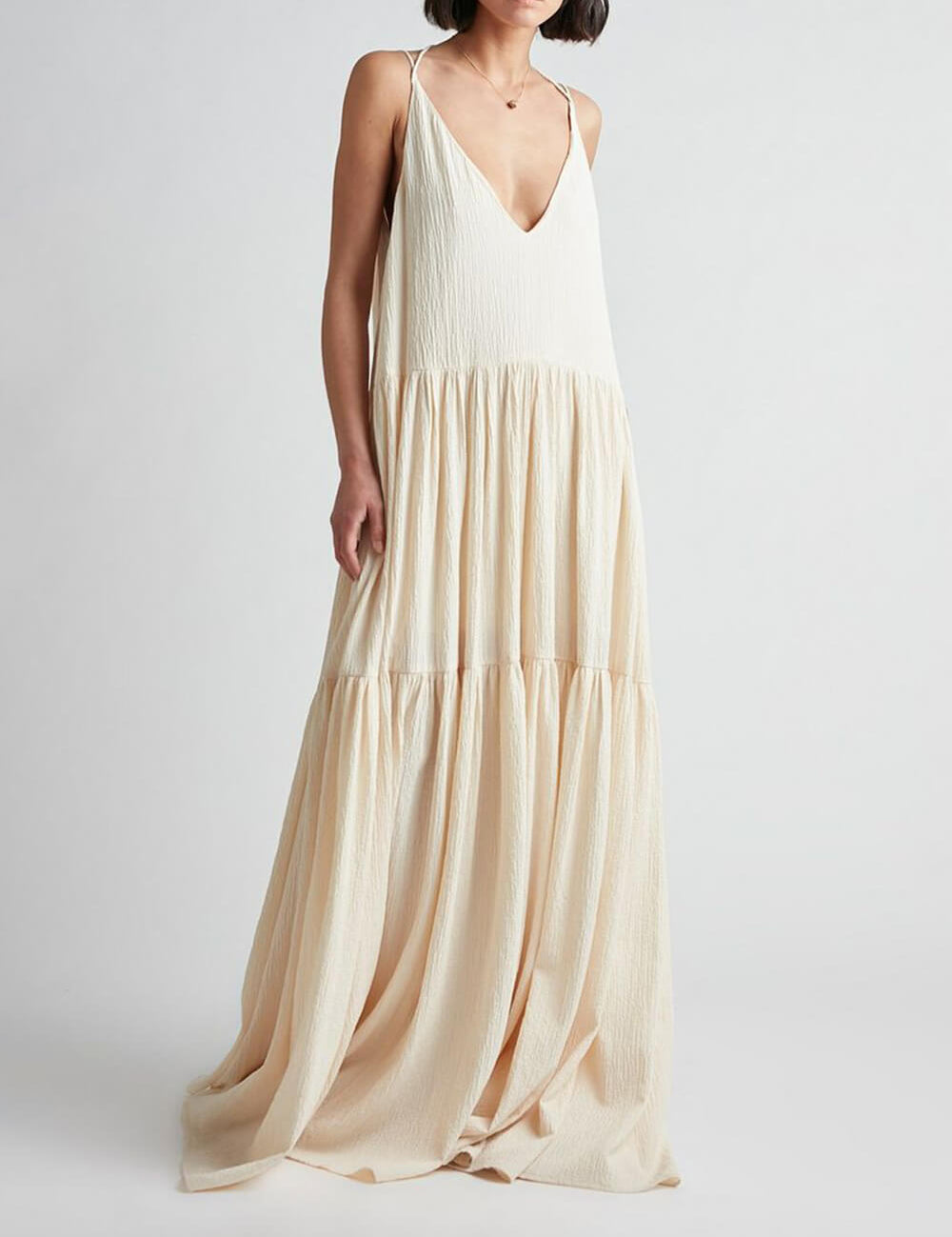Summer Vacation Deep V-Neckline Strappy Maxi Dress Beige Dresses