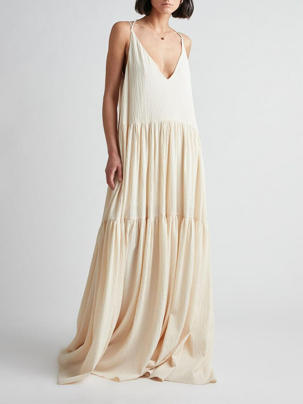 Summer Vacation Deep V-Neckline Strappy Maxi Dress Beige Dresses
