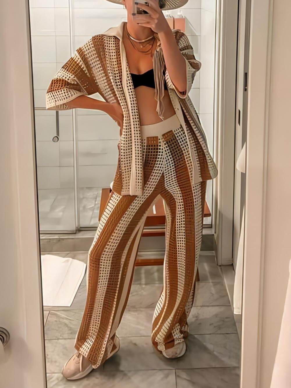 Loose V-Neck Fashion Hollow Out Striped Shirt Wide Leg Pants Set Dresses