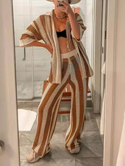 Loose V-Neck Fashion Hollow Out Striped Shirt Wide Leg Pants Set Dresses