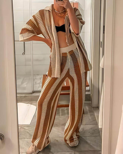 Loose V-Neck Fashion Hollow Out Striped Shirt Wide Leg Pants Set Dresses