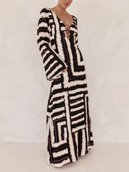 Flattering V-Neckline Unique Printed V Tie Ring Maxi Dress Black Dresses