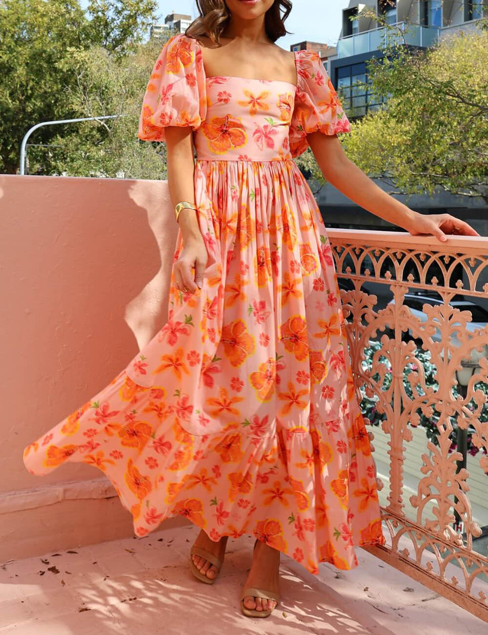 Puff Sleeve Floral Print Back Smocked Pocket Maxi Dress Orange Dresses