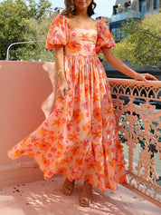 Puff Sleeve Floral Print Back Smocked Pocket Maxi Dress Orange Dresses