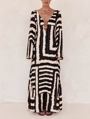 Flattering V-Neckline Unique Printed V Tie Ring Maxi Dress Dresses
