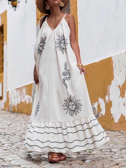 Unique Ethnic Under The Sun Printed V-Neck Dress White Dresses