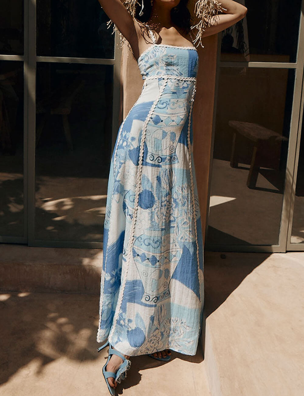 Halter Straps Lace Patchwork Printed Back Tie Halter Flare Maxi Dresses Dresses