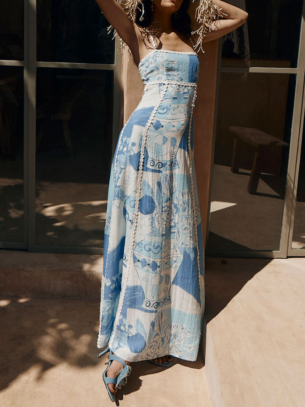 Halter Straps Lace Patchwork Printed Back Tie Halter Flare Maxi Dresses Dresses