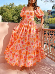 Puff Sleeve Floral Print Back Smocked Pocket Maxi Dress Dresses