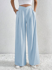 Summer New Solid Color Pleated Casual Wide-leg Pants Loose Casual Women's Commuting Versatile Style Comfortable TrousersS Light Blue