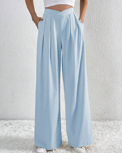 Summer New Solid Color Pleated Casual Wide-leg Pants Loose Casual Women's Commuting Versatile Style Comfortable TrousersS Light Blue
