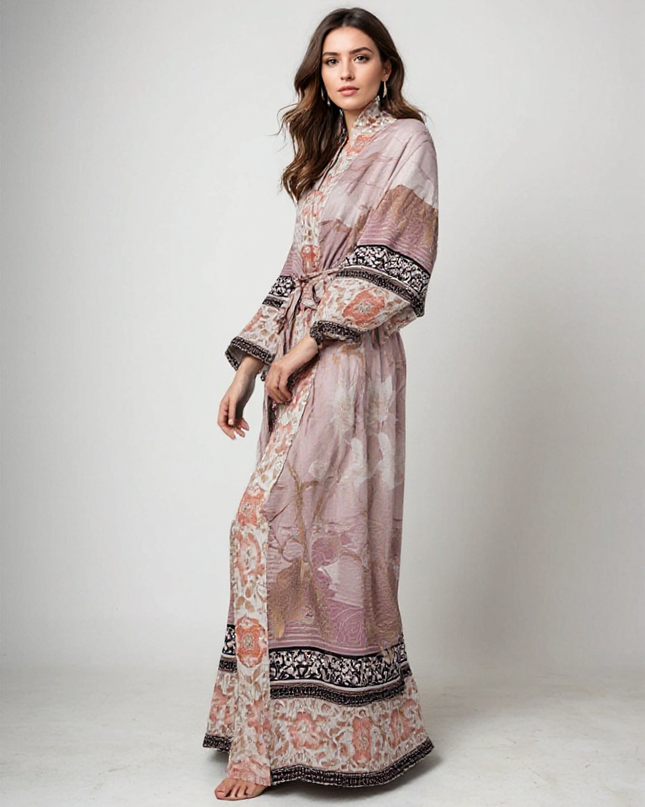 Elegant Long Floral Kimono Robe for Women Dusty Rose One Size Fits All Dresses