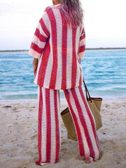 Loose V-Neck Fashion Hollow Out Striped Shirt Wide Leg Pants Set Dresses