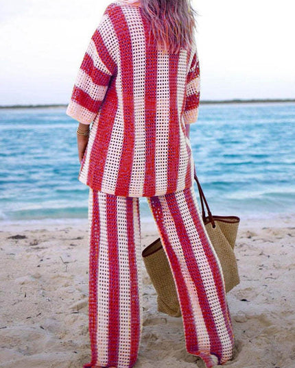 Loose V-Neck Fashion Hollow Out Striped Shirt Wide Leg Pants Set Dresses