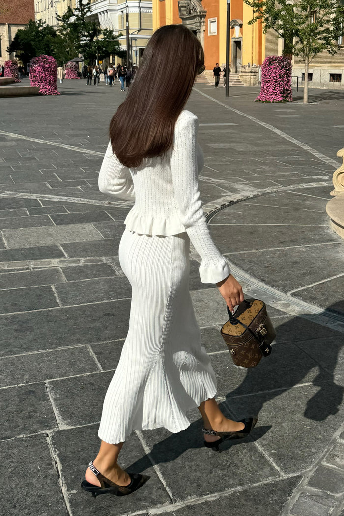 Pippa™ | White Ruffled Jacket & Flared Skirt Knit Matching Set Dresses