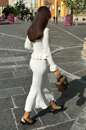 Pippa™ | White Ruffled Jacket & Flared Skirt Knit Matching Set Dresses