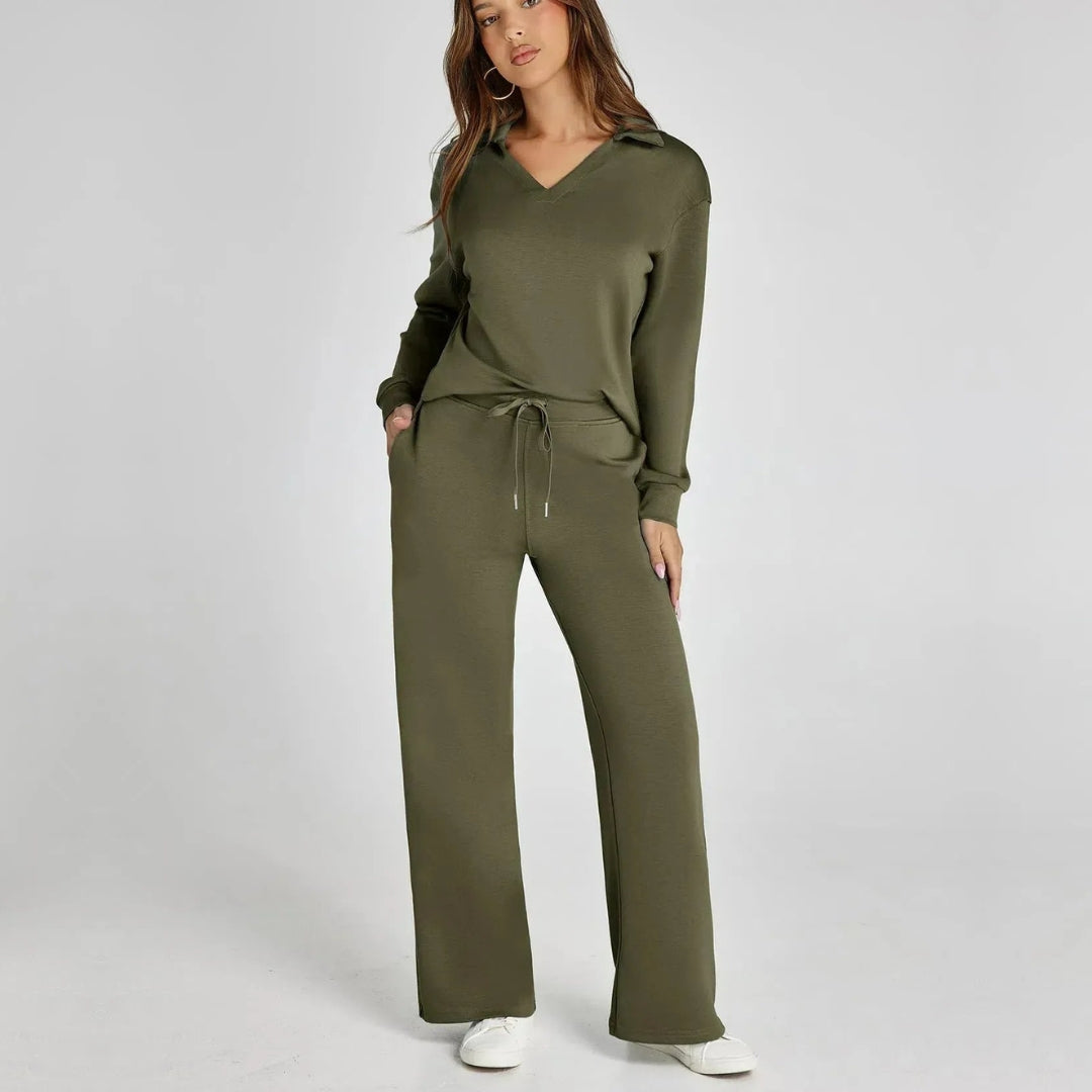 Women’s V‑Neck Long Sleeve Lounge Set Green Outfit Sets