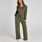 Women’s V‑Neck Long Sleeve Lounge Set Green Outfit Sets