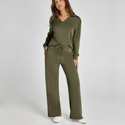 Women’s V‑Neck Long Sleeve Lounge Set Green Outfit Sets