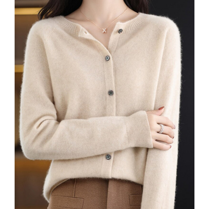Pure Wool Ladies O-neck Cardigan Cashmere Sweater Khaki Sweater