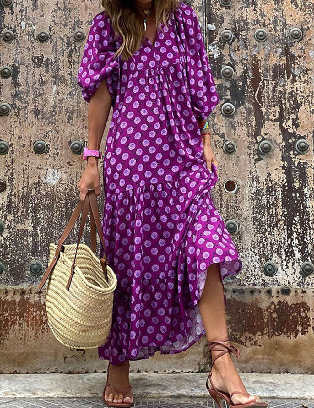 Boho Printed V‑Neck Maxi Dress Purple Dresses