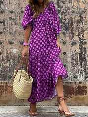 Boho Printed V‑Neck Maxi Dress Purple Dresses