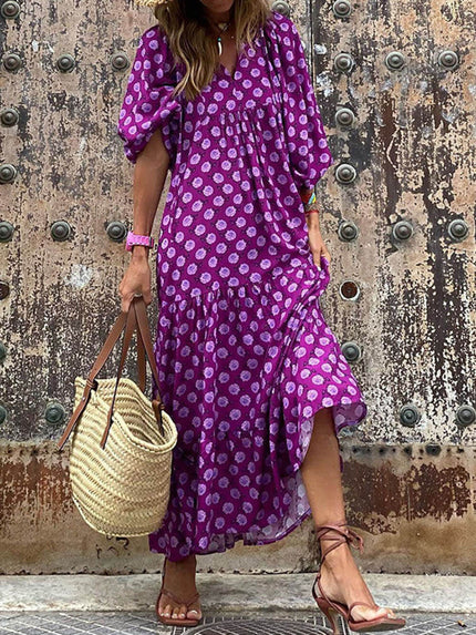 Boho Printed V‑Neck Maxi Dress Purple Dresses