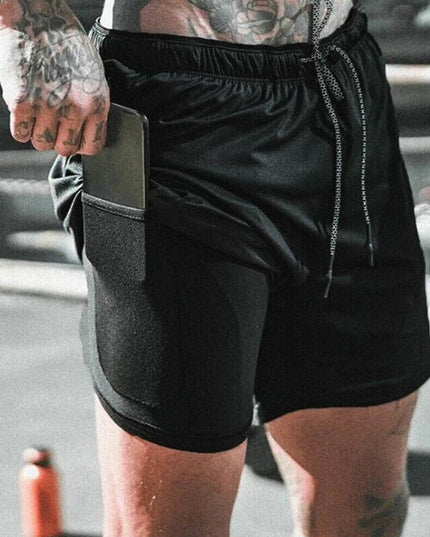 Mens Sports Running Shorts Gym Training Fitness Bottoms Double Layer With Pocket