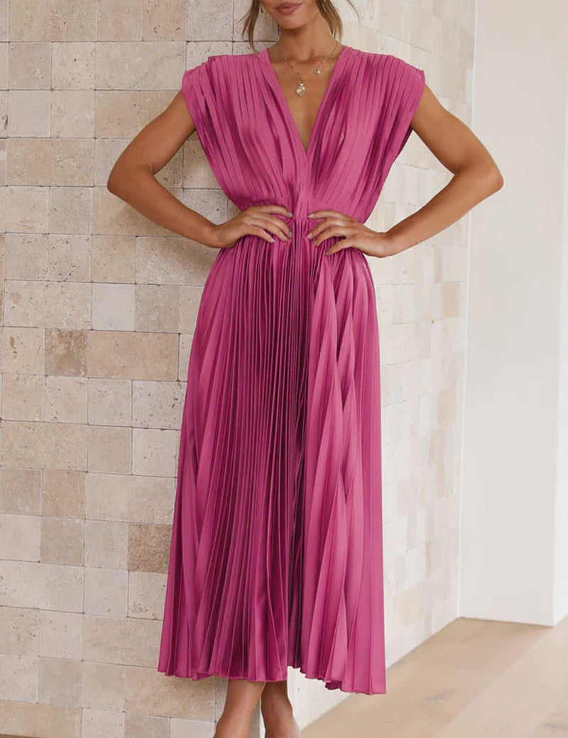 Summer V-Neck Pleated Sleeveless Dress Rose Red Dress
