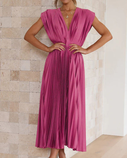 Summer V-Neck Pleated Sleeveless Dress – Casual Loose Fit with Zipper Closure Rose Red Dress