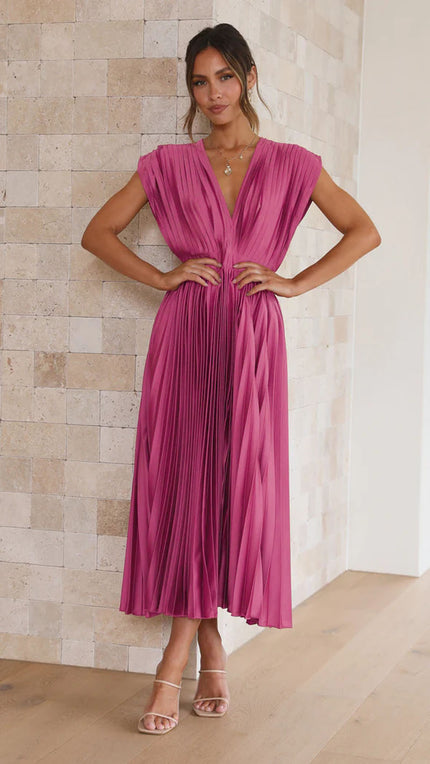 Summer V-Neck Pleated Sleeveless Dress Rose Red Dress