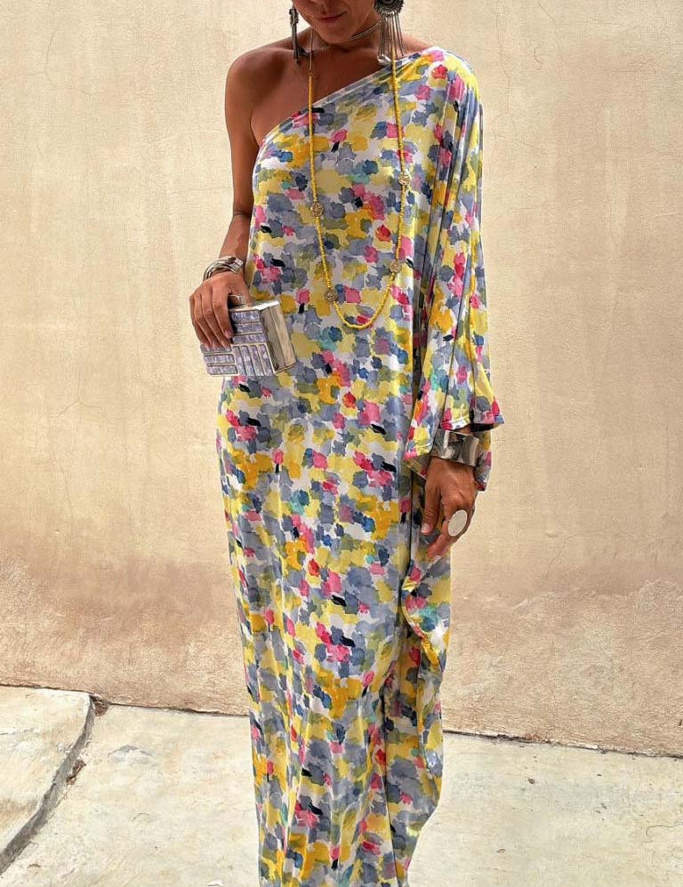 Casual Holiday Ink-dye Print Off-shoulder Maxi Dress Dresses