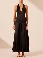 Elegant Deep V Neck Halter Maxi Dress Black Dresses