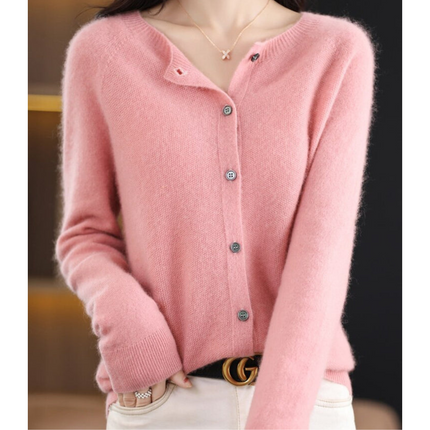 Pure Wool Ladies O-neck Cardigan Cashmere Sweater Light pink Sweater