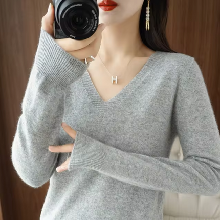Women's Cashmere V-Neck Sweater Grey Sweater
