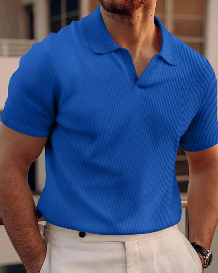 Men's INS Waffle Lapel Short-Sleeved Polo Shirt – Summer Solid Color V-Neck Polo Shirts