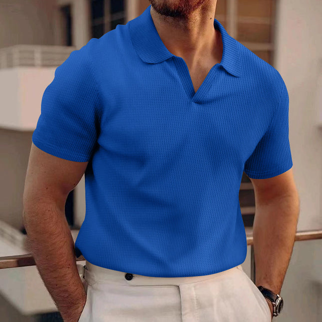 Men's INS Waffle Lapel Short-Sleeved Polo Shirt – Summer Solid Color V-Neck Polo Shirts